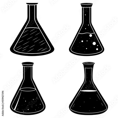 Four black and white conical flasks filled with different liquids for science experiments and chemistry