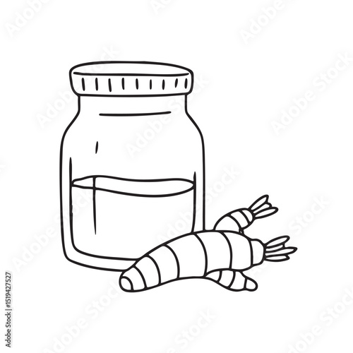 A turmeric root placed beside some spice jars