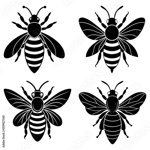 Four stylized black and white honey bees with striped abdomens and detailed wings in a graphic design