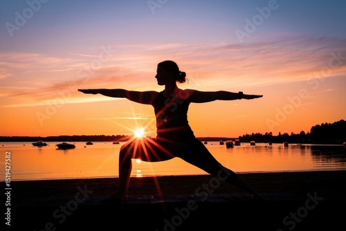 Fototapeta Naklejka Na Ścianę i Meble -  Silhouette of a woman practicing warrior yoga pose on a waterfront during vibrant sunset with boats floating on calm water
