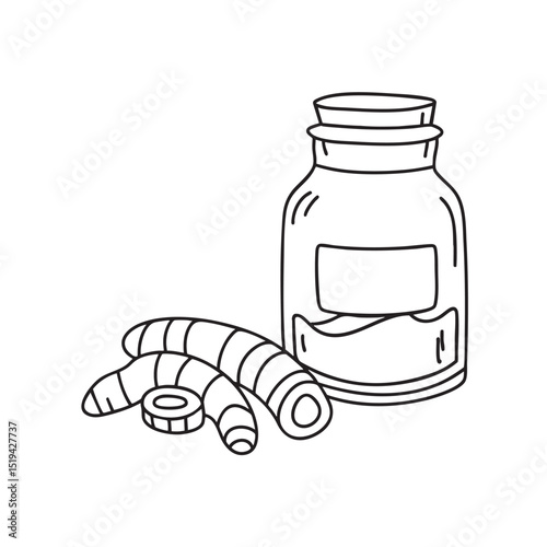 A turmeric root lying near a row of spice jars