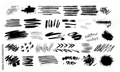 Charcoal scribbles, grunge stripes, paint strokes, bold shapes, ink splash blobs, chalk marker doodles, hand-drawn urban scratches, vector illustration art.