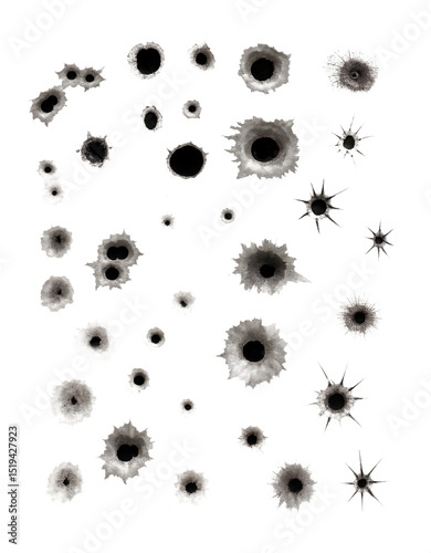Realistic Bullet Holes Mega Set Isolated on Transparent Background