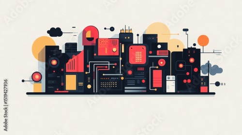 Abstract illustration of a futuristic cityscape with interconnected technological elements.