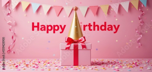 Wallpaper Mural Birthday gift box with party hat and festive decorations on pink background. Torontodigital.ca