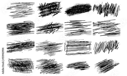 Grunge ink hand drawn lines, rough brush charcoal pen strokes, scrawls, messy crayon scribbles, bold freehand doodles, underlines, strikethroughs, vector illustration, abstract textures.