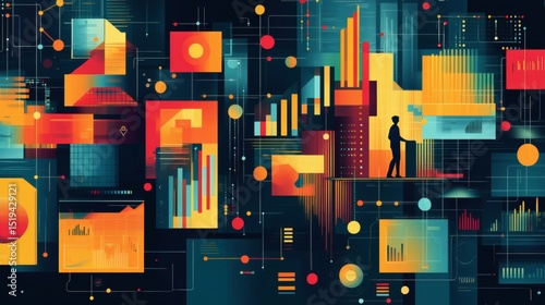 Abstract illustration of a person amidst colorful data visualizations and interconnected geometric shapes, symbolizing data analysis and information processing.