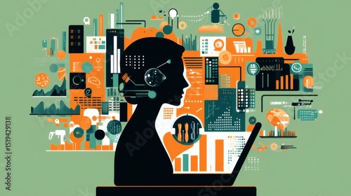 Abstract illustration of a person using a laptop surrounded by data and technology elements.