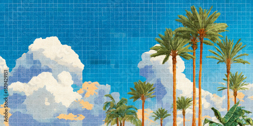 Mosaic banner with tropical landscape with palm trees and vibrant clouds against a bright blue sky