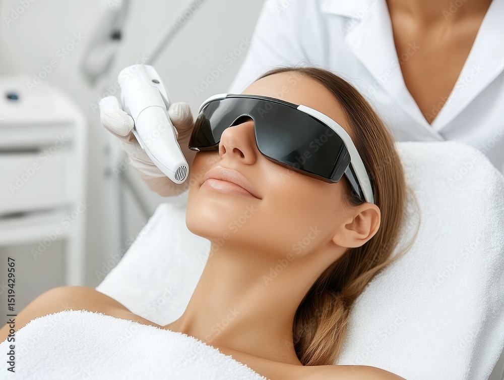Naklejka premium Young Caucasian woman receiving laser treatment in clinic