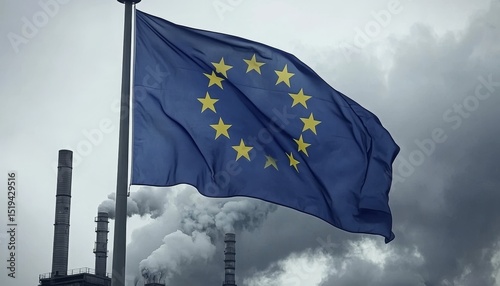 European Union Flag Waving Against a Backdrop of Industrial Emissions and Smokestacks