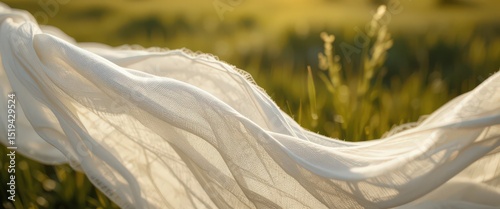 Flowing white fabric gently blowing in natural sunlight on a grassy field backdrop.
