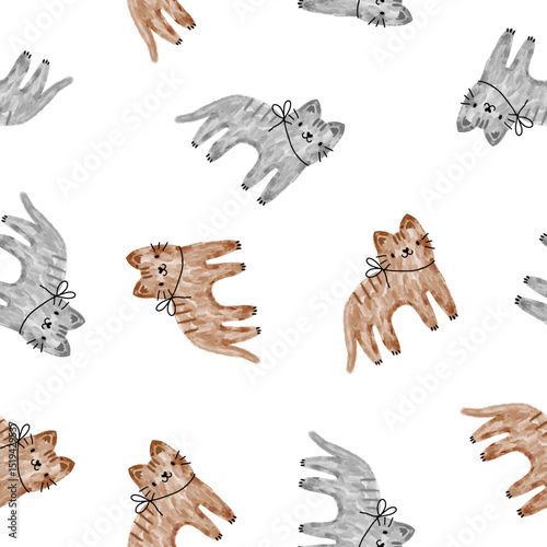 Watercolor beige and grey kittens, hand-drawn seamless pattern background.