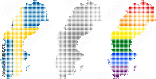 Rhombus dots Sweden map. Swedish dotted pixel map in flag, grey and LGBT pride colors. Vector illustration