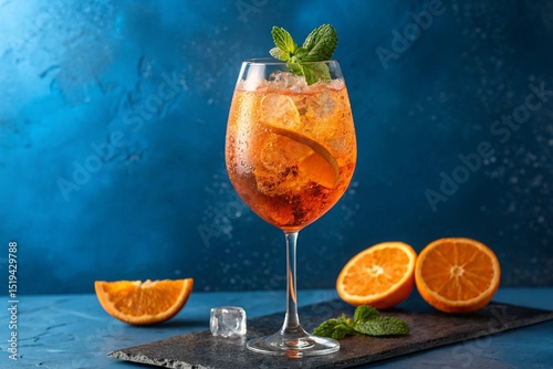 aperol spritz cocktail against blue background.