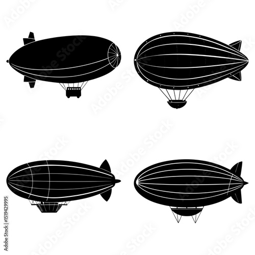 Four black and white zeppelin illustrations with gondolas and tail fins on a white background design element