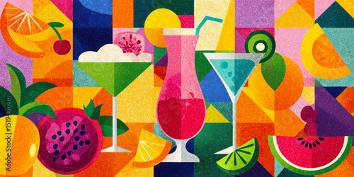 Colorful banner of various cocktails and fruits on a vibrant geometric background