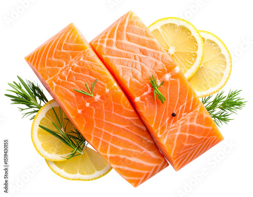 Raw Salmon Fillet with Lemon and Herbs, Top View, Isolated on Transparent Background