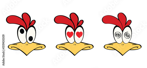 A cute cartoon chicken with love heart. Crazy chicken face mascot. Comic rooster character. hypnosis eyes, hypnotic spirals eyes. Circles patroon. Volute, spiral. photo