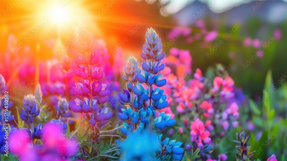 Obraz premium Vibrant flowers bloom under sunlight in a colorful spring garden