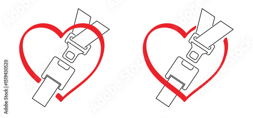 Safety belt or seat belt icon with red love heart. Car seat, plane or passenger belt for vehicle. Traffic, drive safe sign. lifesaver, seatbelt. prevention concept.