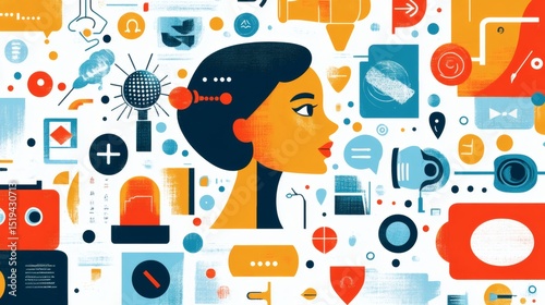 Abstract illustration of a woman's profile surrounded by colorful technology icons and symbols, representing digital communication and information overload.