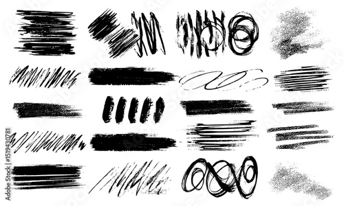 Charcoal scribbles, rough brush strokes, grunge scrawls, freehand stripes, ink shapes, underlines strikethroughs, crayon marker scribbles, vector illustration, hand-drawn lines.