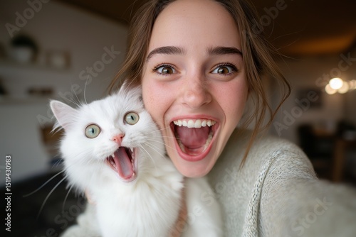 A cheerful young woman and a white cat share a moment of exaggerated, wide-mouthed laughter or surprise, creating a fun, viral-ready image