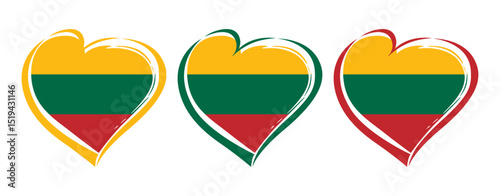 Set of colorful hearts with flag of Lithuania in the backdrop and isolated clipping mask. Lithuanian flag heart creative design. Graphic template for holiday events or tourism. T shirt or gift icon.