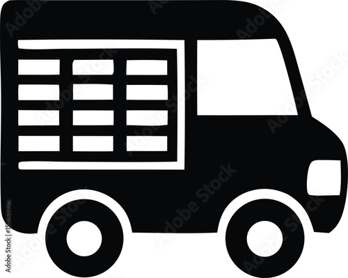 Simple black and white illustration of a delivery truck with a gridded rear section