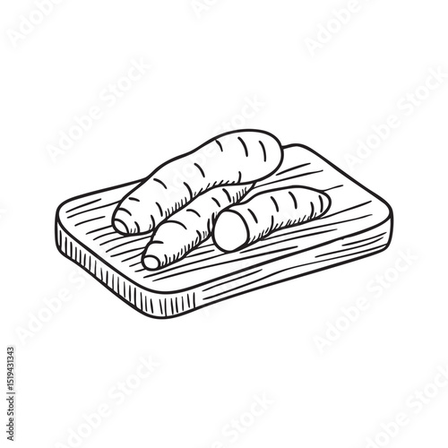 A turmeric root placed on top of a wooden tray
