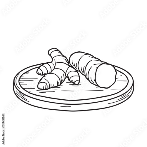 A turmeric root lying on a wooden tray
