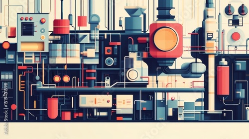 Abstract illustration of complex industrial machinery with intricate piping and control panels.