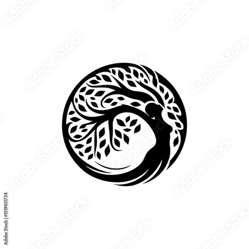 Elegant tree of life vector symbol with flowing branches and roots creating a harmonious circular shape  