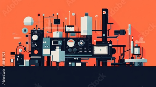 Abstract illustration of complex machinery with various dials, gauges, and screens against an orange background.