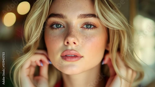 Attractive blonde woman in red shirt, portrait with beautiful face and green eyes.