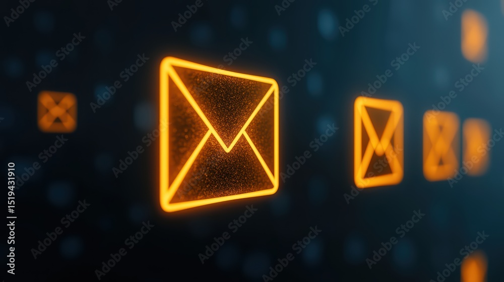 Fototapeta premium Bright Orange Email Icons on Dark Background for Digital Communication and Messaging Concept