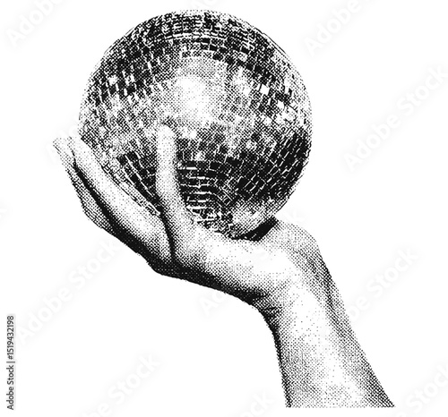 Vector illustration of hand holding disco ball with vintage texture, retro New Year's Eve party graphic, 1970s style, disco ball design, party decoration, collage art, retro design.