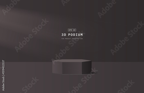 Realistic black 3d hexagon podium in studio room with light shining from left side to pedestal make product focused. Minimal scene for product presentation. Vector geometric platform. 3d stage mockup.