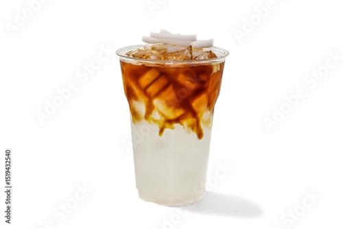 Picture of ice Americano coffee put on white background and isolate concept. coconut topping.