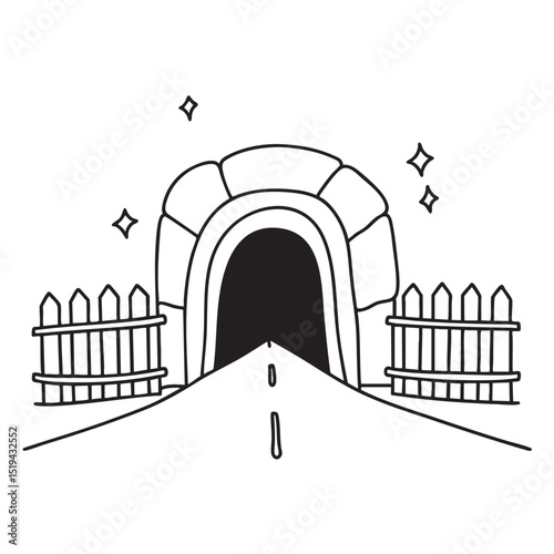 A wooden fence in front of a tunnel mouth