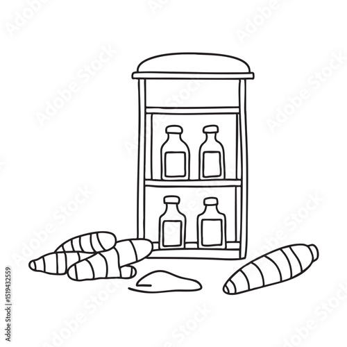 A turmeric root under a spice rack