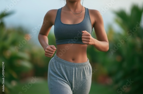A fit woman in a sports bra and sweatpants is captured mid-run outdoors, emphasizing fitness, health, and an active lifestyle