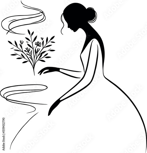 Black-and-white minimalist illustration of a woman leaning over a bundle of dried herbs, with fine lines depicting scent and an elegant oil drop silhouette enhancing the wellness theme.
