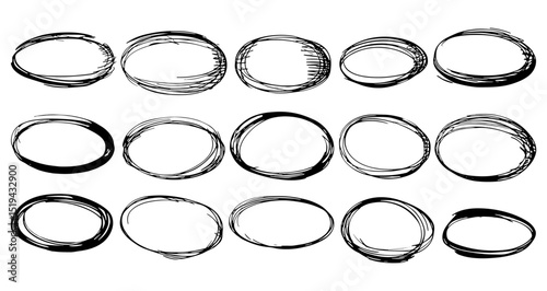 Hand-drawn doodle circle highlights, brush marker pen round ovals, scribble horizontal ellipse, round scrawl frames, vector illustration, freehand painted circular note, creative sketch.