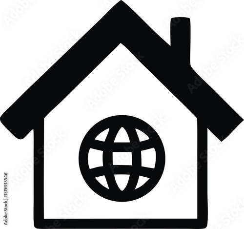 Simple black house icon with a globe inside representing global home or international real estate