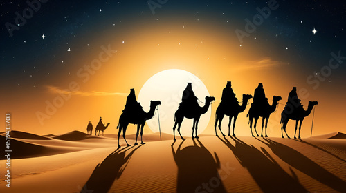 Christmas Jesus birth concept - Adoration of the Magi, Three Wise Men, Three Kings, and the Three biblical Magi with camel silhouettes journeying in sand dunes of desert follow Bethlehem star at night