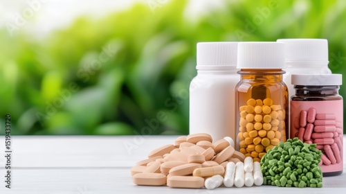 Various Bottles of Pills and Supplements with Green Nature Background for Health and Wellness Themes
