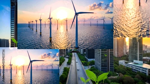 風力発電とエネルギー消費社会のビルディングのコラージュ映像：エコ：自然エネルギーと持続可能な社会