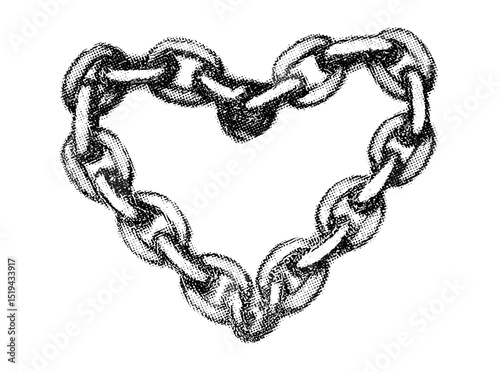 Heart shaped chain, halftone stipple effect, grunge punk y2k collage, vector illustration, grainy photocopy texture, experimental dotted retro banner design, vintage design, retro graphic style.